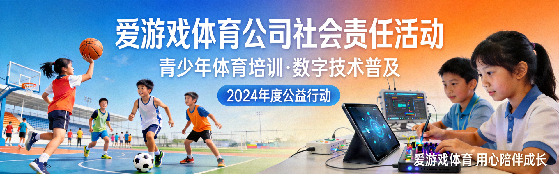 爱游戏体育公司社会责任活动横幅 - 展示青少年体育培训与数字技术普及活动