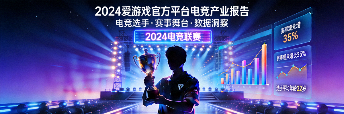 2024爱游戏官方平台电竞产业报告封面 - 电竞选手、赛事舞台与数据分析图表融合设计