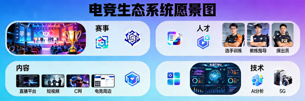 电竞生态系统愿景图 - 展示赛事、人才、内容、技术等多维度生态